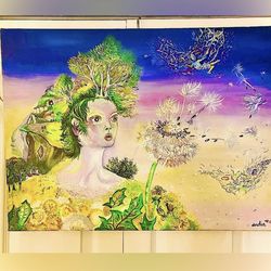 Handmade Colorful Fantasy Acrylic Painting Dandelion Forest Fairy Canvas Artwork