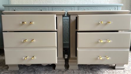 refinished pair of neutral greige nightstands 2