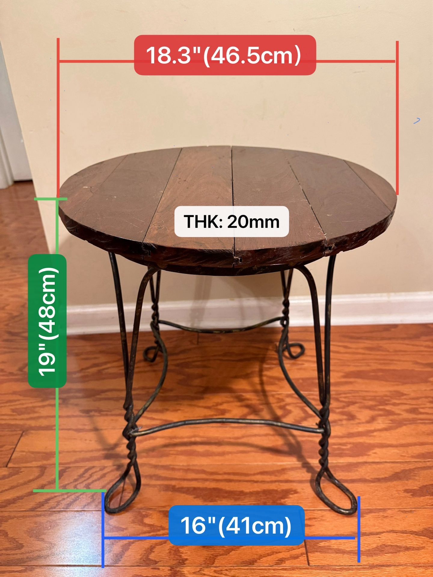 Vintage Round Side Table - Solid Wood & Wrought IronBase