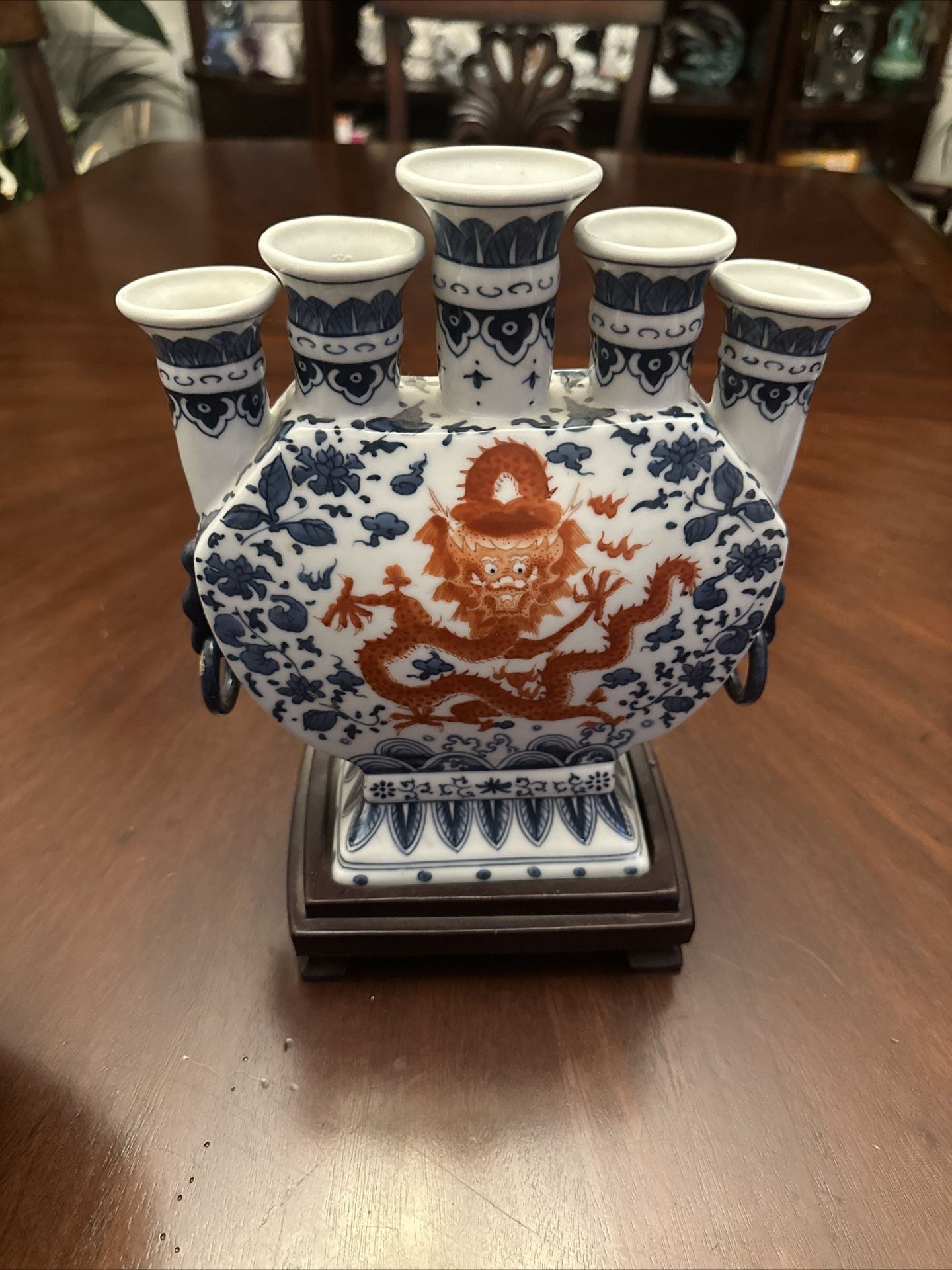 Antique Blue and White With Red Dragon Chinese five finger Vase