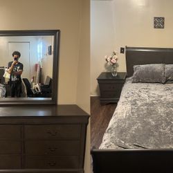 Bed Frame, Dresser, mirror and drawer. 