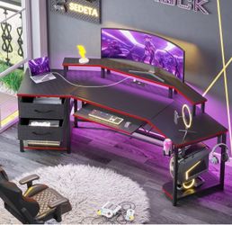 79" Gaming Desk with Fabric Drawers Storage, LED Light & Power Strip Carbon Fiber Black&Red