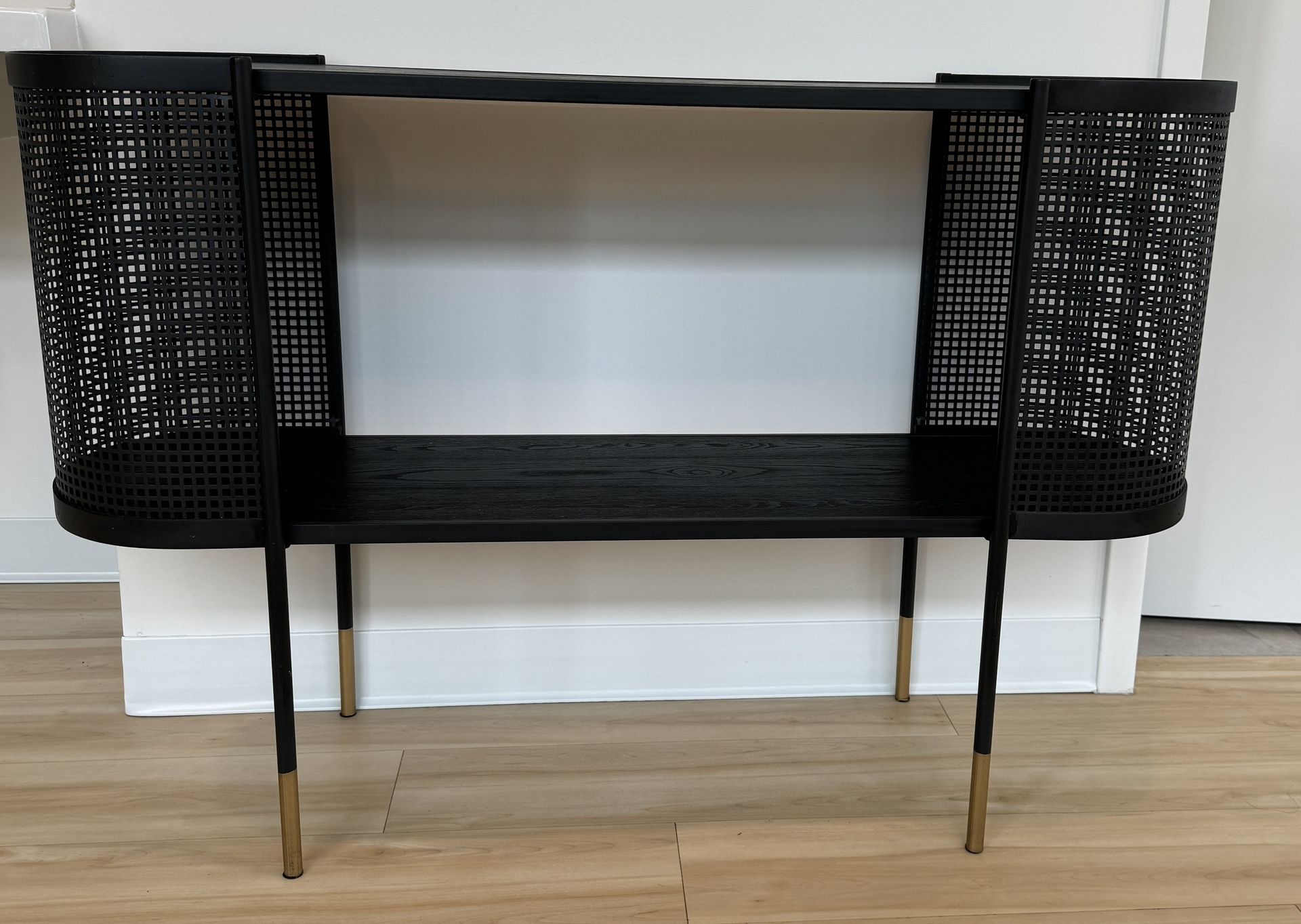Linden Black Metal Mesh Side Panel 1 Shelf Console Table with Open Center Storage