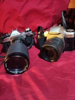 Vintage 35mm Film Camera Lot - Canon AE-1 Program & Pentax ZX-30 w/ Lenses