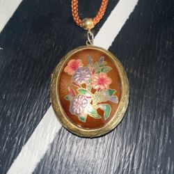Vintage Cloisonne enameled Floral locket rope tassle necklace 