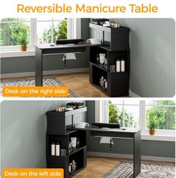 Manicure Table with Dust Collector, Reversible Nail Desk (Black) L-Shaped Rotating Table & Storage Shelf,