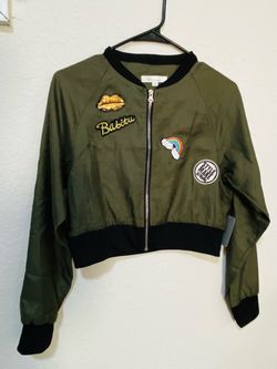 Olive Green Cropped Bomber Jacket with Patches