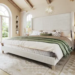 King Size Upholstered Bed Frame 51” Tall Headboard Wingback Corduroy Beige – No Box Spring Needed