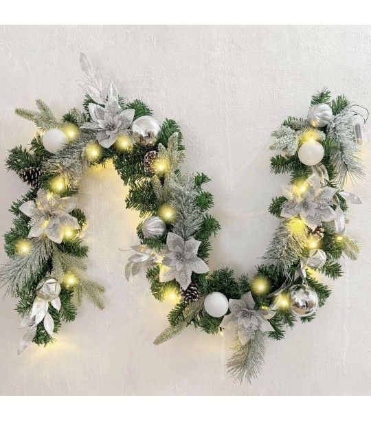 WANNA-CUL Pre-Lit 6 ft/ 72 Inch Christmas Garland with Lights for Front Door Decor with Silver White Christmas Ball Ornaments and Poinsettia Flowers,B