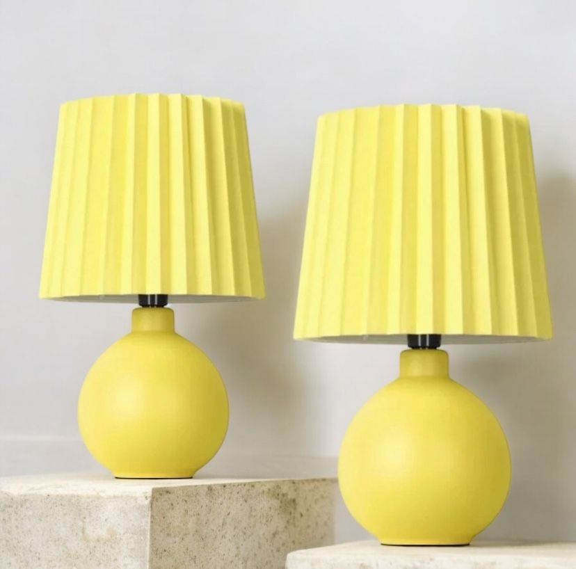 Set of 2 Mini Printed Ceramic Base Table Lamps with Printed Pleated Shades 