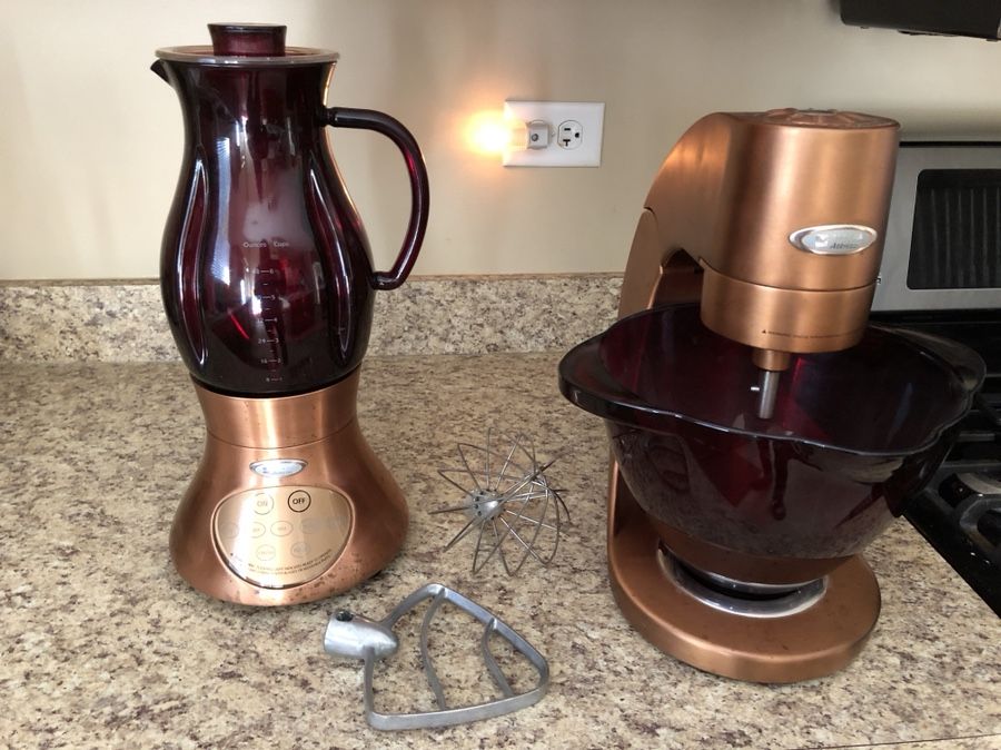 JENN AIR ATTREZZI blender and mixer. Copper bases with cranberry glass