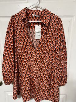 Zara Orange Collared Geometric  Print Shirt Dress
