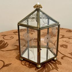 Vintage Jewelry/Trinket  Box — Etched Glass with Brass Mirrored Display — 6"