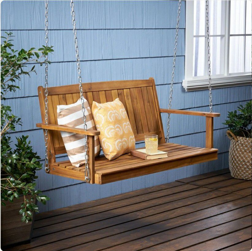 Teak Color Wood Porch Swing Lounge Chair