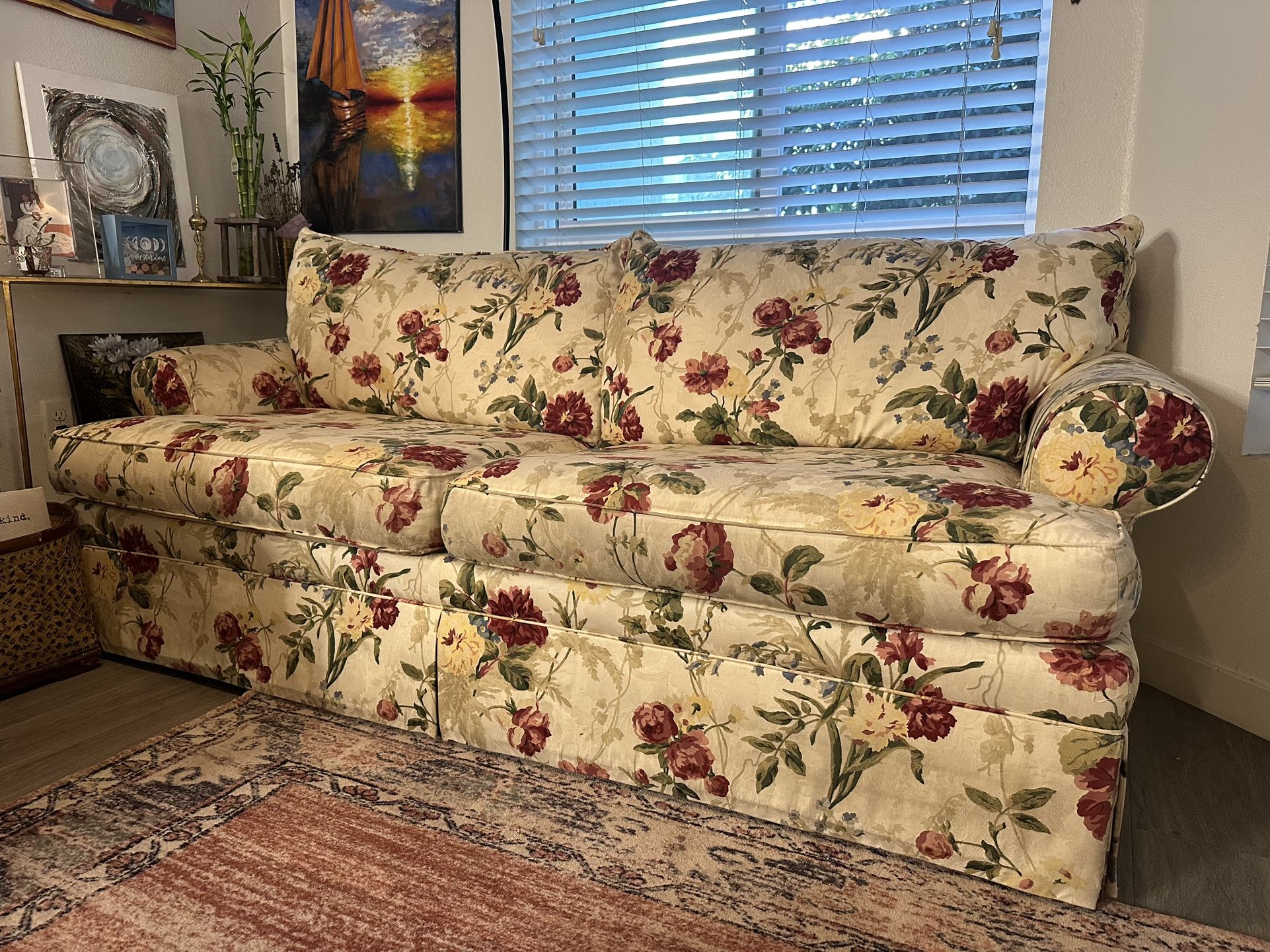 Vintage Ethan Allen Floral Loveseat Couch Twill Deep Skirted Rolled Arm Cottage Core Shabby Chic