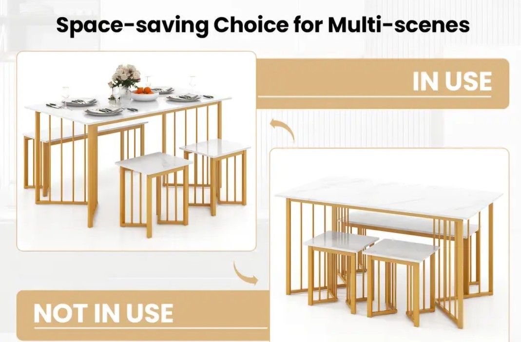New dining table and chairs set for small space apartment white marble gold metal modern NIB
