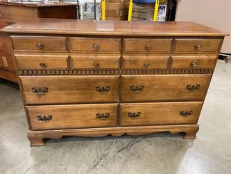 Vintage 6 Drawer Dresser with Geometric Carved Wood Details