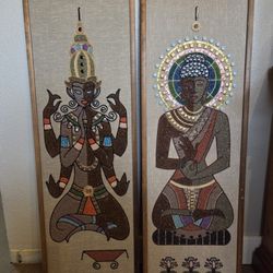 Vintage MCM Buddha & Shiva Gravel Pebble Jewel Textured Art Wall Hanging Decor