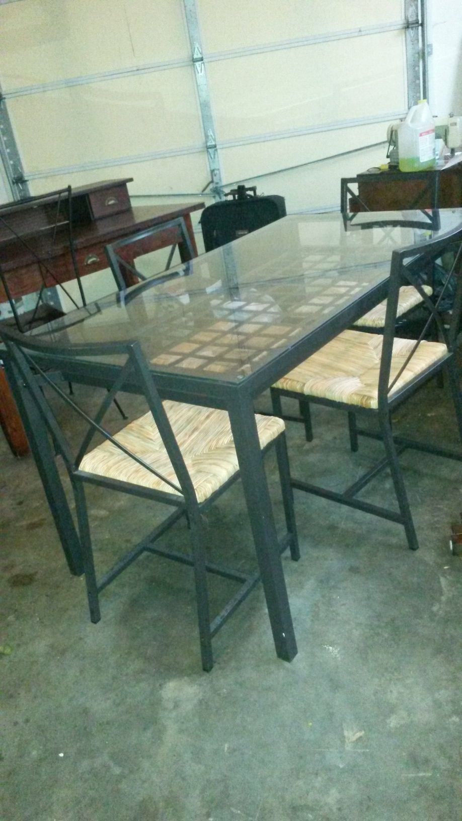 Beautiful solid metal and glass dining table with 6 chairs