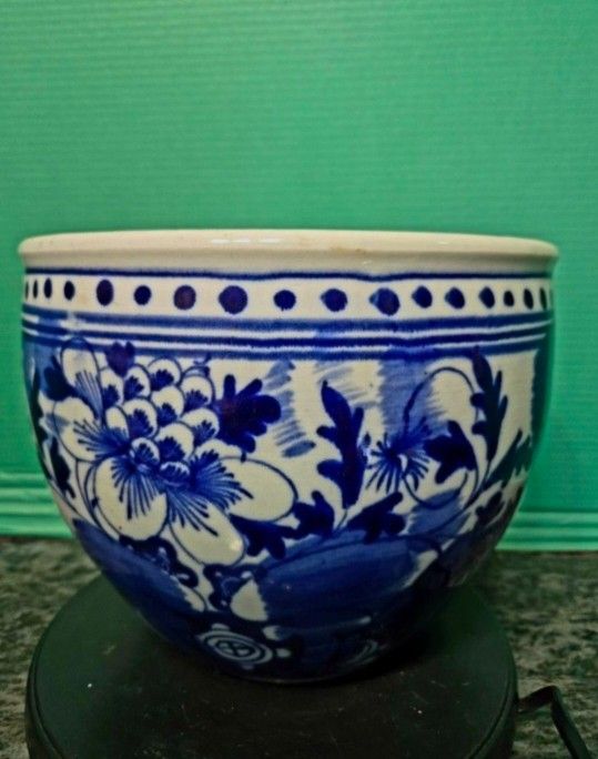 Vintage Dutch Delft Handpainted Blue White Porcelain Flowers Bowl Pot 8"×10"