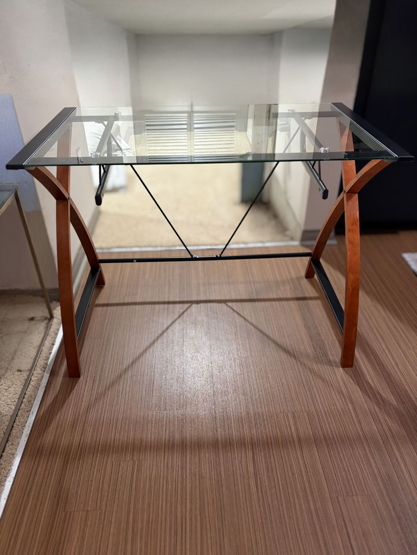 Modern Glass-Top Desk w/ Wood Legs & Metal Frame