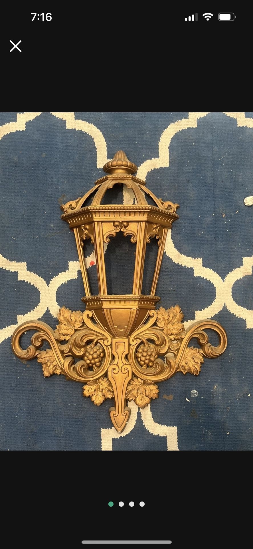 Title: Vintage HOMCO Gold Wall Lantern Plaque – Ornate Grapevine Scroll, 25” x 16” Description: Add timeless Hollywood Regency charm to your space wi