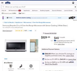 Samsung BESPOKE 2.1cu over-the-range microwave with cooking sensor (white glass)  ORINGNAL PRICE $529 MUST SALE @ $250