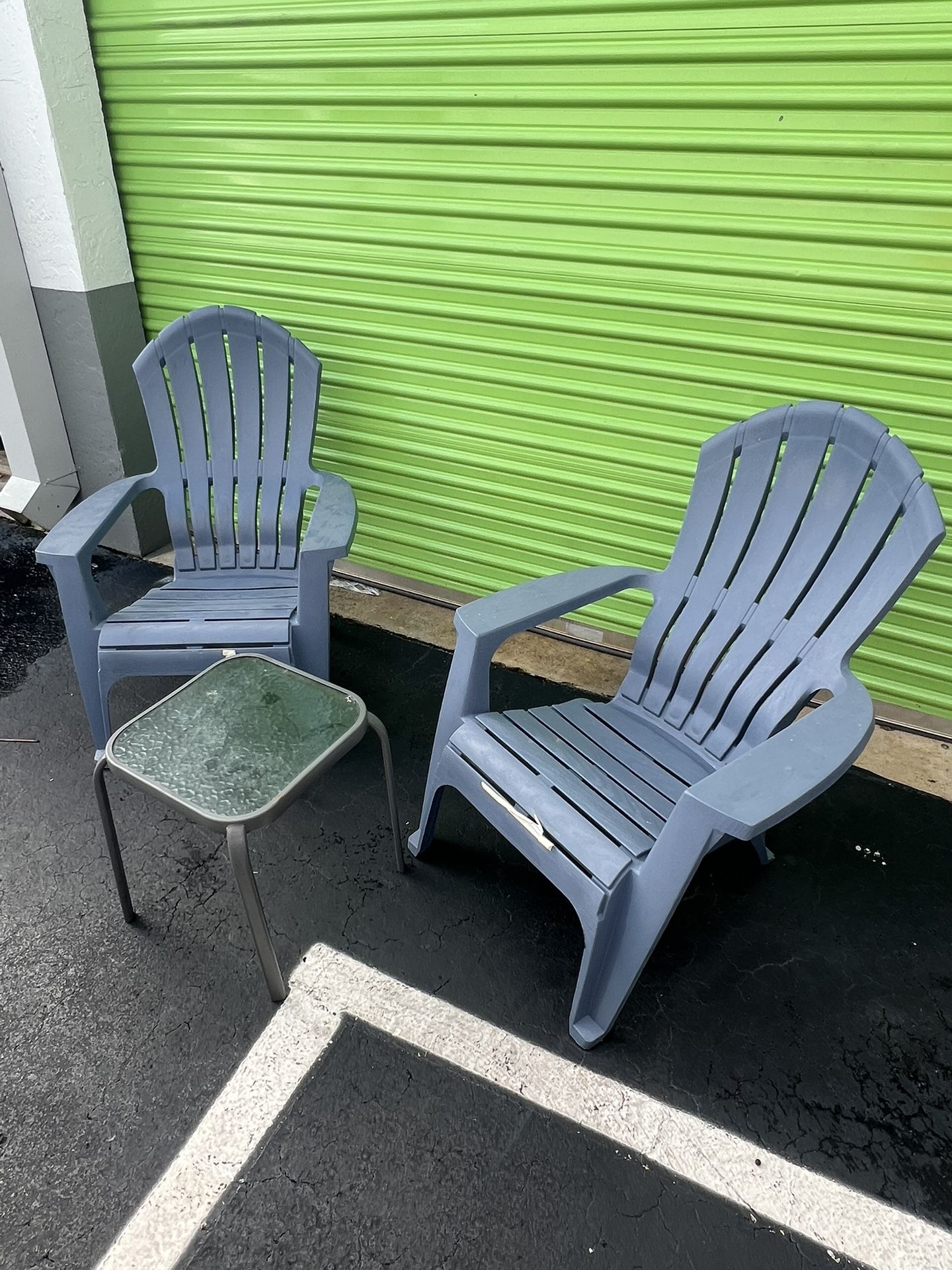 Set Of Blue Green Patio Chairs Small Glass Tables Porch Balcony
