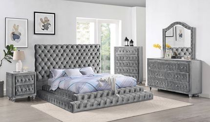 Queen Grey Velvet Step Up Bed Frame Brand New In Box For Sale In Hesperia,  Ca - Offerup