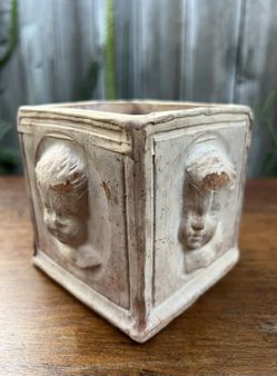 Vintage Antique Children Faces Spanish Ceramic Pottery Case Cup Storage Box (Made in Spain) Rare!