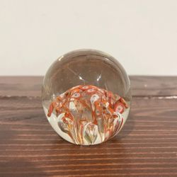 Millefiori Paperweight Blown Art Glass Orange Red Bubble Flat Bottom Vintage