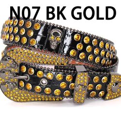 West Star Texas Black Leather Skull Gold Rhinestone Belt 