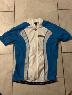 New men’s medium Hincapie cycling jersey features a blue and white design with a front zipper