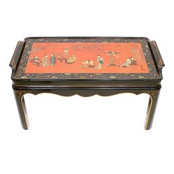Drexel Heritage Red & Black Lacquer Chinoiserie Coffee Table With Hand Painted Figural & Scenic Top