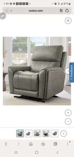 Like New Gray Leather Power Recliner – Storage Arms & Cup Holders