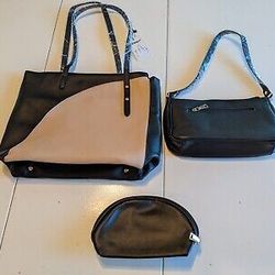 New 3 Piece Set Black and Khaki Women's Bag Purse Satchel Handbag