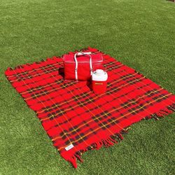 Vintage Picnic Set with Faribault Blanket, Hamilton-Skotch Thermos, and Basket