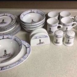 Nautical Dinnerware - Serves 4! 21 Pieces At A Great Price! See Photos!  Lighthouse Theme  Dish Set