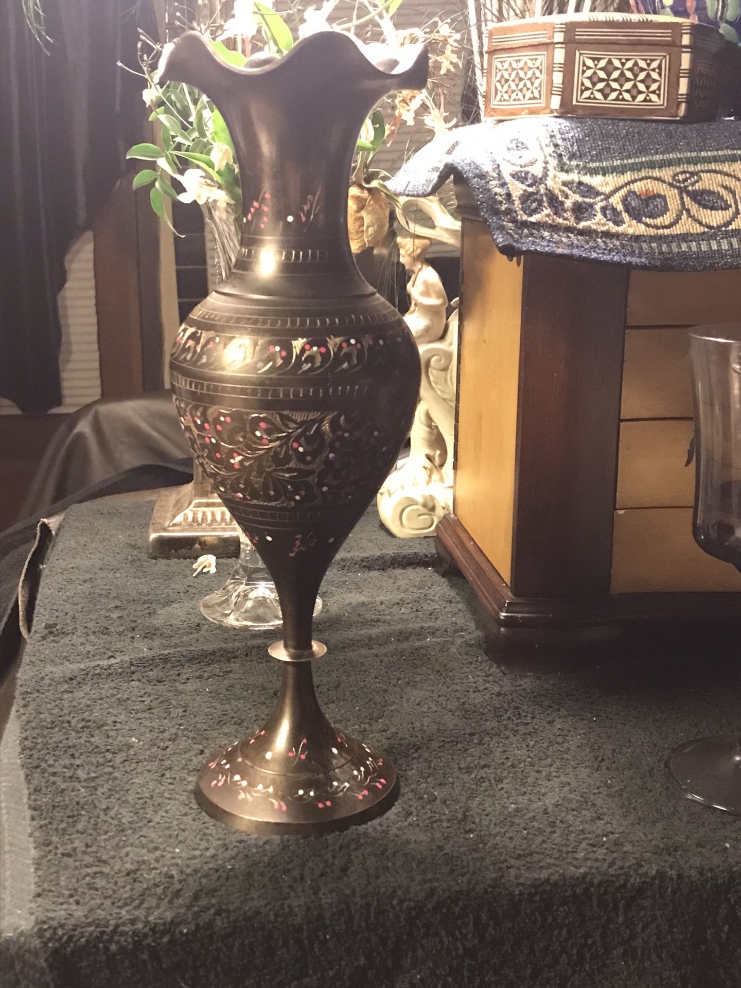 Vintage Etched Black Red White Brass Vase