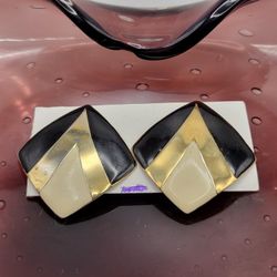 Vintage 1980s Square Enamel Metal Earrings Gold Black 1"x1" Pierced
