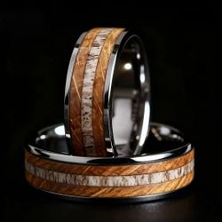 Men's 8mm Titanium Deer Antler Wood Grain Inlay Comfort-Fit Engagement Wedding Band 13
