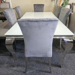 Brand New Real White Marble Silver Dining Table (72"×42"×30"H) + 6 Gray Velvet Chairs