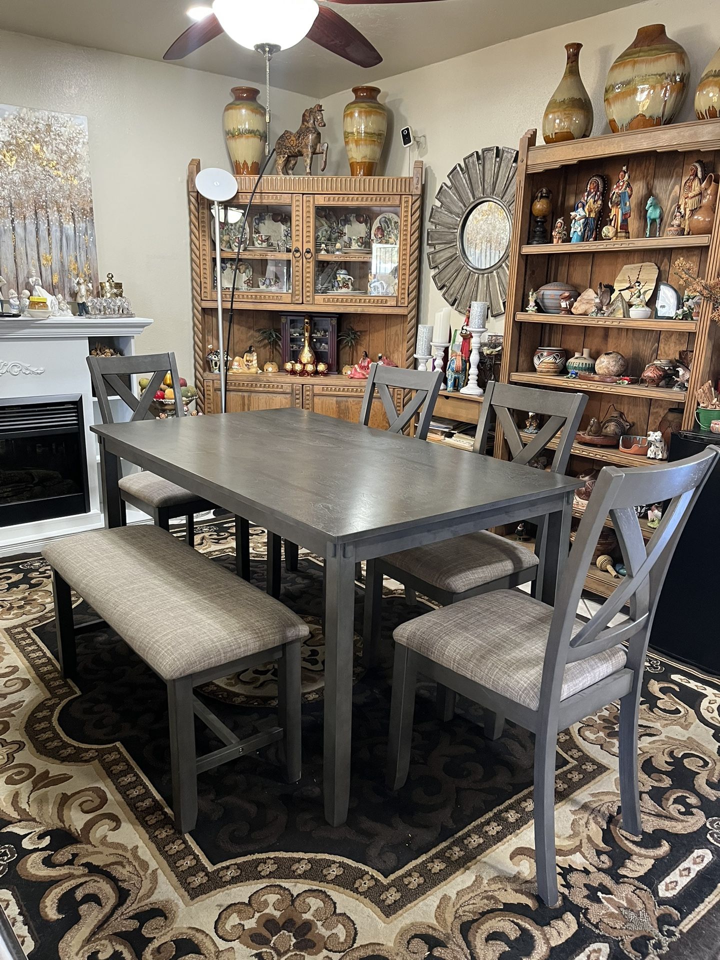 Dining Set Gray Table 4 chairs and bench 