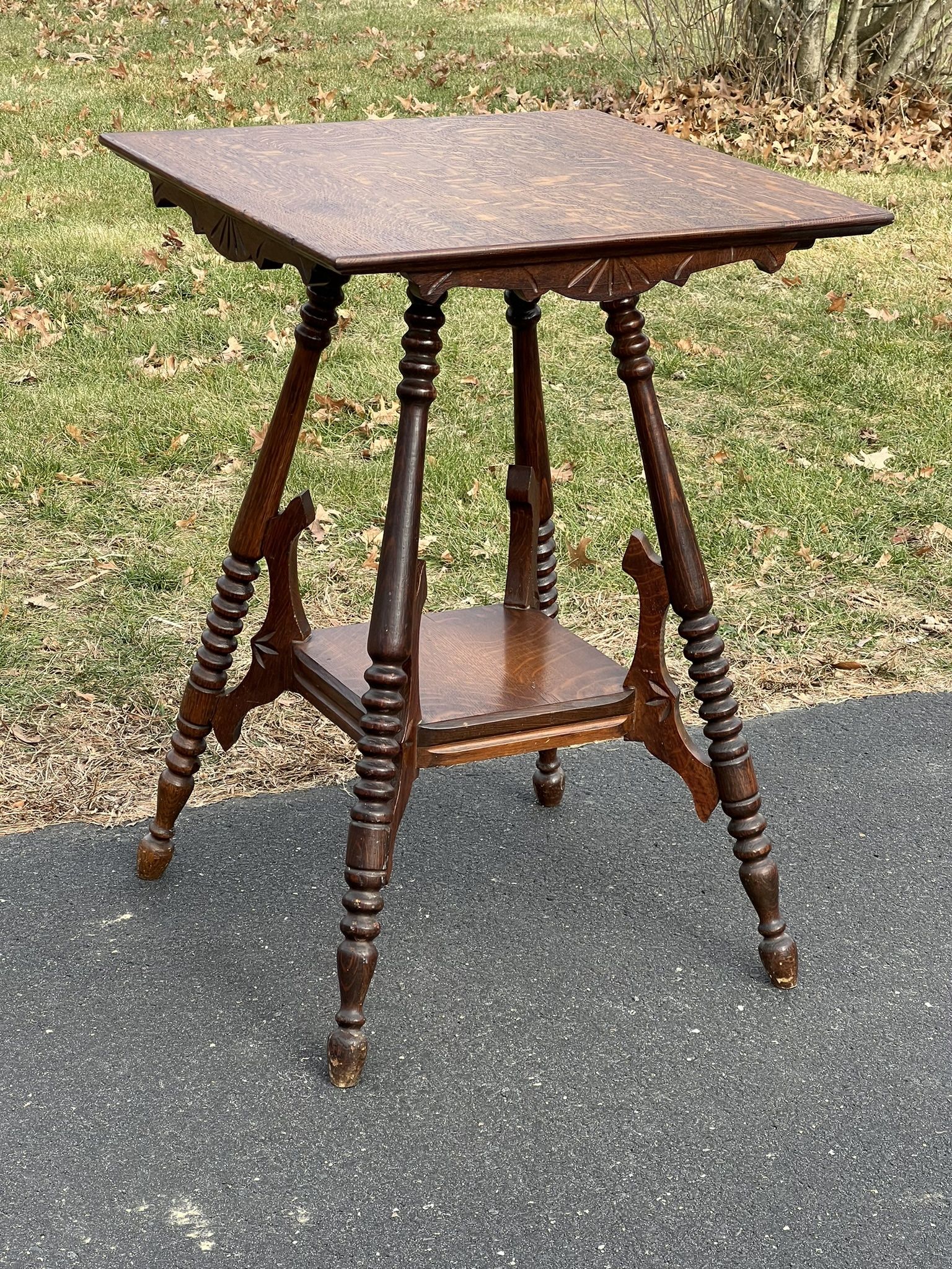 Antique Victorian Tiger Oak Two Tiered Lamp Stand