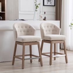 SET OF 2 Padded beige linen Wingback Dining Bar Stools 26" High Diamond Tufting, Button Upholstery Solid Wooden Legs, Set of 2 Diamond Nail Trim Swive