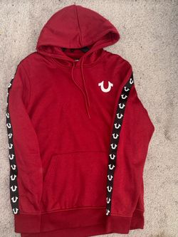 TRUE RELIGION Men's Red Hoodie White Horseshoe Side Sleeve Logo Pullover Medium