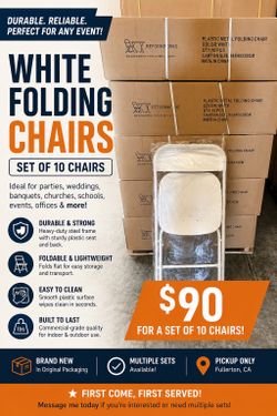 White Plastic Folding Chairs – Set of 10 – $90