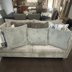 Grey Loveseat Sofa W/ 2 Mustard Accent Chairs & 7 Brand New Decorative Pillows