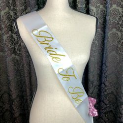 Bride To Be White & Gold Party Sash With Pink Bow $12