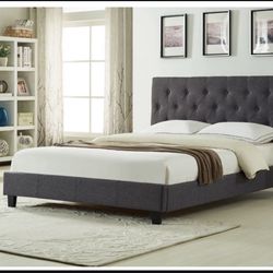 Brand New In Box Queen Size Dark Grey Linen Upholstered Bed With Mattress. Assembly Required, We Can Deliver, Cama Con Colchon.